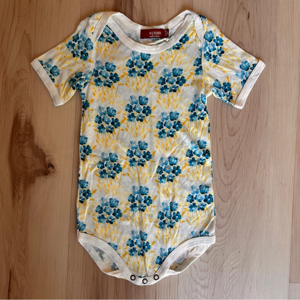 NWT Milkbarn Blue and Yellow Floral Kids Organic Cotton Onesie 12-18 months